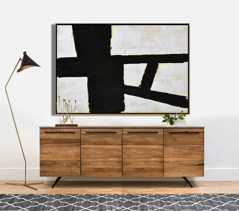 Hand Painted Original Art,Horizontal Palette Knife Minimal Canvas Art Painting Black White Beige - Contemporary Art Wall Decor